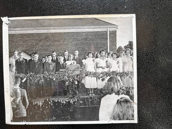 Members of the 1949 graduation class at their outdoor ceremony in front of Hillcrest School. (Photo provided)