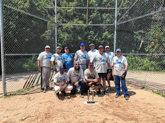 The M&amp;B Auto team defeated Cherry On Top, 23-22 and 21-20, on Aug. 3 to sweep the best-of-three series and take home the championship in the West Milford Men’s Over-40 Softball League. In front row, from left, are Angel Hernandez, Craig Polglaze and Brian Arata. In back row, from left, are Joe Scarpone, S. Perez, Nick Dagostino, Chris Garrick, Geoff Braden, Patrick Bagarozza, Gary Seidner and Jorge Garcia. (Photo provided)