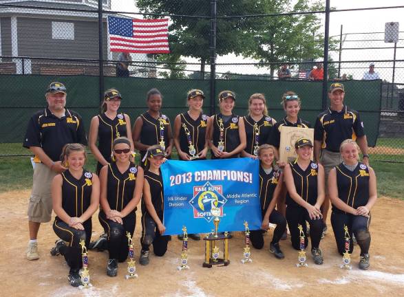 The championship West Milford Xtreme, front row from left: Jessica Utter, Erin Carter, Kayla Yuhas, Paige Masiello, Katherine McNaught and Peyton Porch. Back row from feft: Coach Scott Ayres, Haley Moyer, Dayna Nichols, Jena Zupp, Alex Ayres, Bri Babcock, Coach Harley Masiello and Manager Jeff Yuhas.