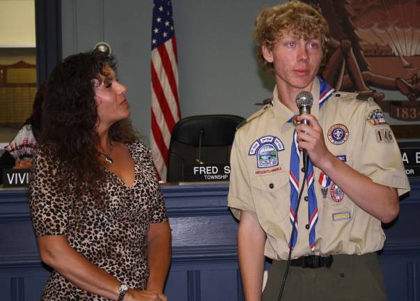 Photo by Linda Smith Hancharick Mayor Bettina Bieri listened as Patrick Kerssen described his scouting history and his Eagle Scout project.