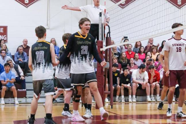 VB1 Andre Christ lets out a celebratory yell after West Milford scores a tough point against Summit in the state sectional final Wednesday, June 7 in Summit. (Photos by Glenn Clark)