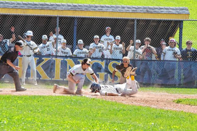 West Milford pitcher Cole Czerepak tags out Vernon runner Joe Rodriguez at home plate in the fifth inning of their game Friday, May 30. Vernon won, 10-5, in the quarterfinal round of the NJSIAA North Jersey, Section 1, Group 2 tournament. (Photos by George Leroy Hunter)