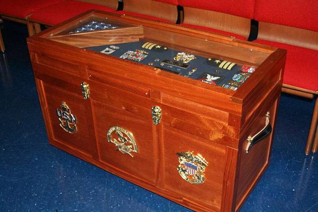 Galoppa's Sea Chest was presented from his family. It holds his uniforms, insignias and a flag that flew over his Afghanistan base.