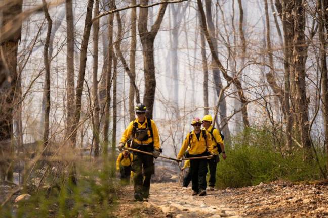 State and local agencies, including the West Milford Office of Emergency Management, fire, police, rescue and other departments, worked together to contain the wildfire. (Photo courtesy of state Department of Environmental Protection)