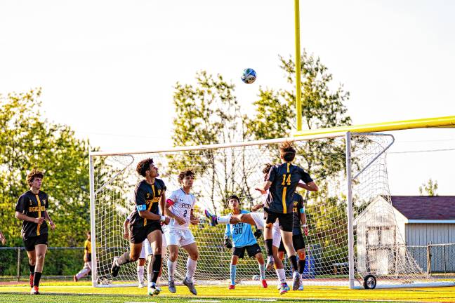 Dan Golas lines up to hit the ball into the net for his first goal this season.