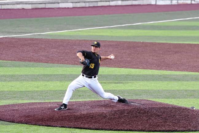 <b>MN3 Sussex County Miners pitcher Jackson Balzan on the mound. He pitched for eight innings, producing nine strikeouts. </b>