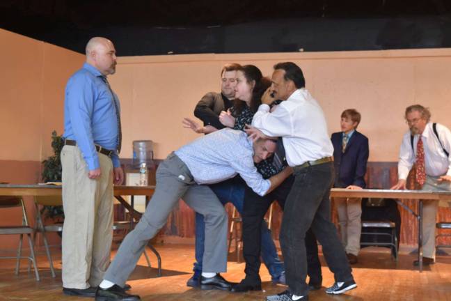 Photo provided Christopher McLeod, Elisa Tornow, Norberto Yacono, Brandy Boyle, Bryan Murray, Jim Gwyn and Brett Travers in a scene from the West Milford Players&#x2019; production of &#x2018;Twelve Angry Jurors.&#x2019;&#xa0;