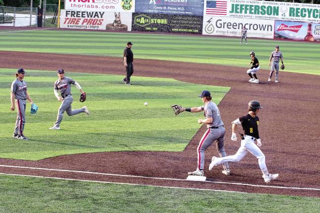 <b>MN1 The Sussex County Miners’ Hunter D'Amato (2) reaches first base before the ball in the second inning of a game against the Brockton Rox on Saturday, Aug. 2. The Miners won, 9-3. (Photos by George Leroy Hunter)</b>