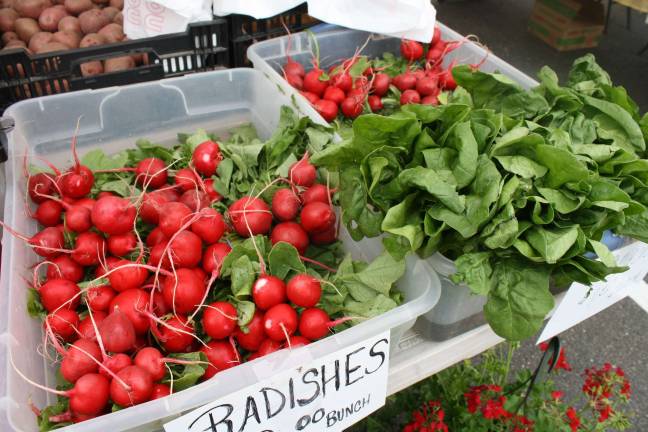 Radishes and spinach were two of the vegetables in abundance at the market.