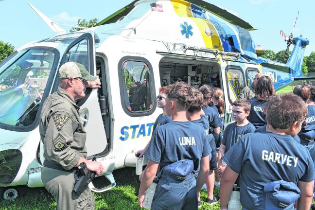 New Jersey State Police Aviation helicopter co-pilot, Sgt. 1st Class Sam Mantle, addresses the cadets.