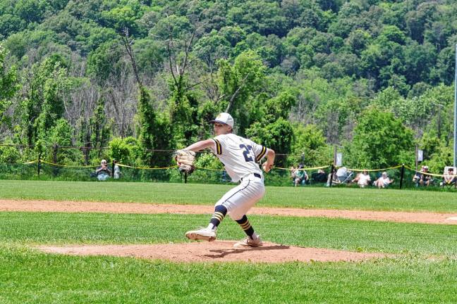 Vernon pitcher Jayden Chornobroff is in throw motion. He threw 75 pitches in three innings.