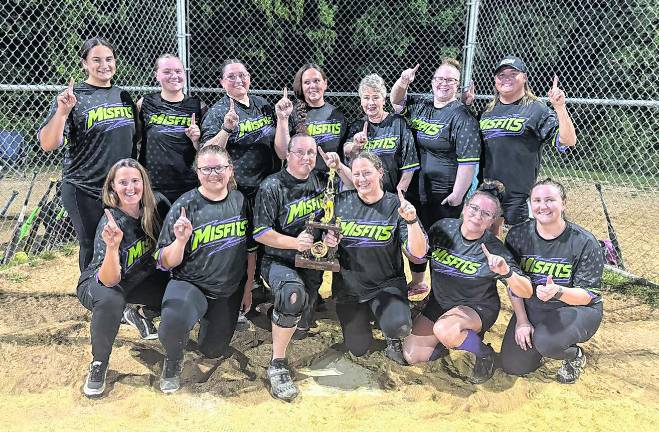 The Misfits have won their second straight West Milford Women’s Softball League championship. Pictured: Kate Juskiewicz, Emma Carson, Jess Ruddy, Jerica Keegan, Denise Fisher, Kelly Gormley, Nicole Shenise, Stephanie Swinney, Mackenzie Porch, Danielle Masters, Dawn Fisher, Kristi Clave, and Peyton Porch. Not pictured: Jess Perucki &amp; Megan Portero.
