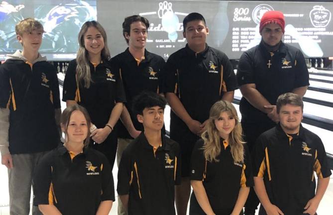 West Milford High School bowling team members are, front row from left, Rebecca Sledge, Diego Urena, Mia Harrison and Jaden Foster and, back row from left, Glenn Dowson, Gionna Niosi, Michael McCloskey, Roberto Sanchez and Ezekiel Pena. (Photo provided)