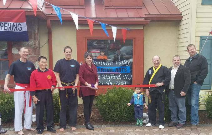 The studio is now open! At the grand opening ribbon cutting was, from left, co-owner Rich Brand, Grand Master Won Keun Bai, co-owner Charlie DiGirolamo, Mayor Bettina Bieri, Luciano Signorino, Jr., co-owner James Cooke, and councilmen Lou Signorino and Pete McGuinness.