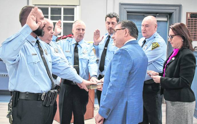 West Milford Special Law Enforcement Officers, from left, Alex Domansky, Arthur O’Leary, Ken Hall, Denes Mosolygo, and Tom McManaman are sworn in by State Sen. Anthony Bucco and Assemblywoman Aura Dunn (LD-25).