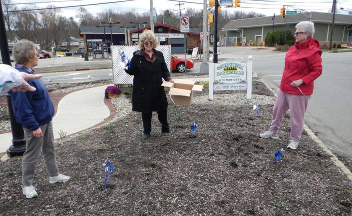 Members of the Woman's Club of West Milford plant pinwheels by the clock in the center of town. The pinwheel garden is to bring attention to child abuse and ways to prevent it.
