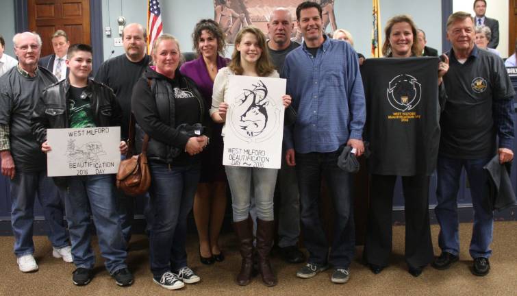 Membes of the Beautification and Recycling committee joined Mayor Bettina Bieri, the winning art students and their parents as the new t-shirt was announced.