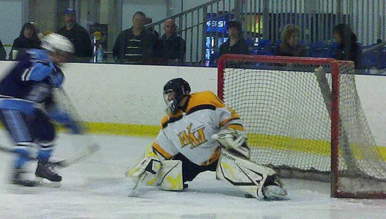 Ross Mantione, a sophomore, shown here making a stop during a regular season game, was named to the first team Big North Silver Conference and got honorable mention honors from the Passaic County coaches.