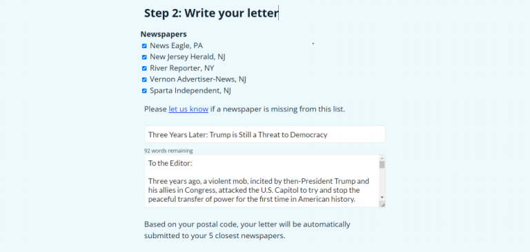 Stand Up America makes it easy for its users to engage in activism in a variety of different ways, including making phone calls, volunteering for campaigns and writing a letter to the editor. Entering a Milford, PA zip code brought up the above five newspapers as recipients for the most recent letter-to-the-editor campaign.