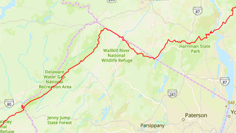 <b>The Appalachian Trail passes through the Delaware Water Gap from Pennsylvania, runs atop the Kittatinny Ridge in New Jersey and hugs the New York border before turning northeast and crossing the Hudson River at Bear Mountain State Park. (Source: arcgis.com) </b>