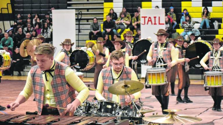 Members of West Milford Percussion perform ‘Outlaw’ before more than 300 spectators at the USBands first competition of the 2024 season held Saturday, Feb. 17 at West Milford High School. (Photo by Rich Adamonis)