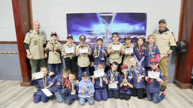 Members of Cub Scouts Pack 9 in West Milford pose with their awards from the annual Pinewood Derby. (Photo provided)