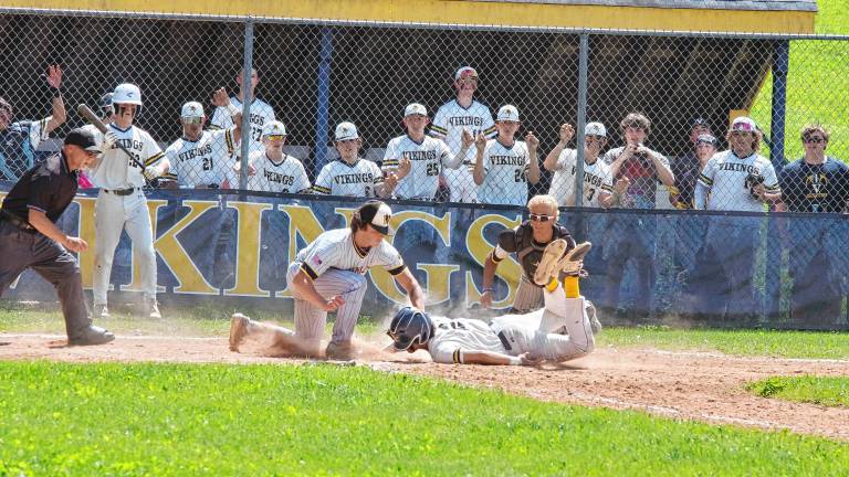 West Milford pitcher Cole Czerepak tags out Vernon runner Joe Rodriguez at home plate in the fifth inning of their game Friday, May 30. Vernon won, 10-5, in the quarterfinal round of the NJSIAA North Jersey, Section 1, Group 2 tournament. (Photos by George Leroy Hunter)