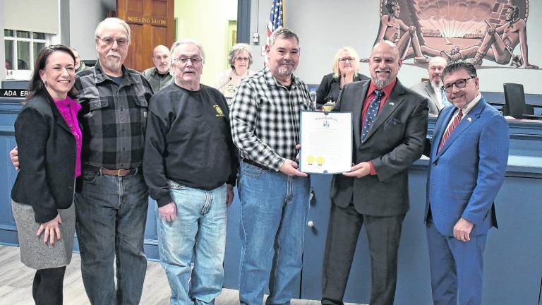 Pictured from left to right are: Assemblywoman Aura Dunn; Pat Loughman, past Post Commander; Walt Hazelman, member; John Trojanowski, Post Quartermaster; Rudy Hass, Commander; and Senator Anthony Bucco.