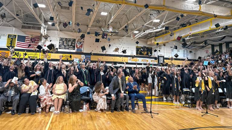 Members of the West Milford High School Class of 2025 toss their caps in the air at the end of graduation Thursday, June 19. (Photos by Denise von Wilke)