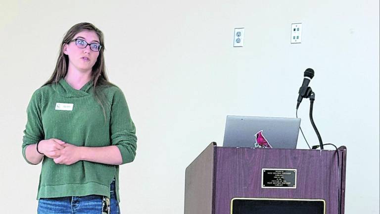 Mary Birrer of the New Jersey Audubon Center speaks at the West Milford Library.